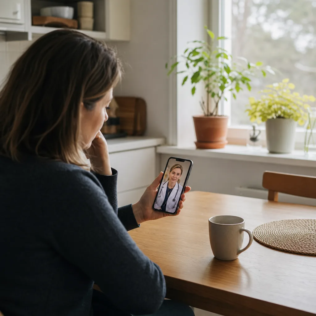 En person sitter hemma vid köksbordet och har ett videosamtal med vården på sin mobil